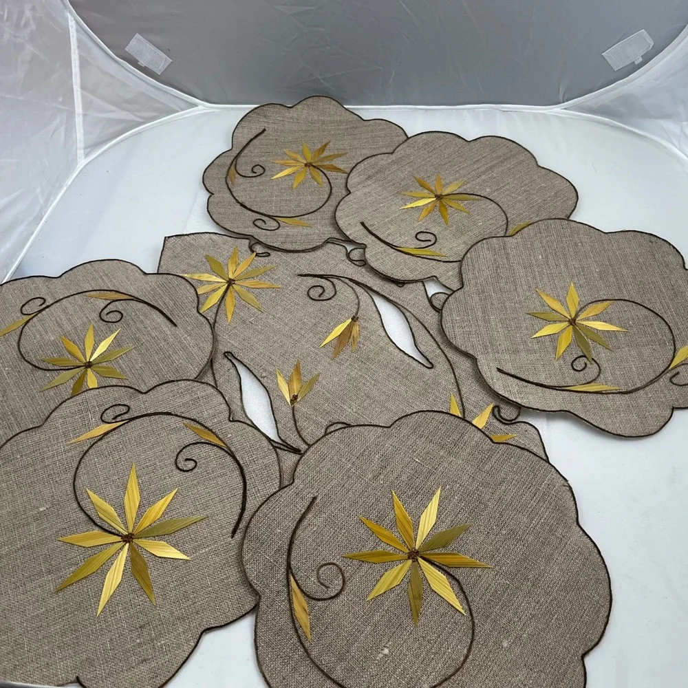 Vintage 7 pc Burlap Placemat Set Bamboo Flower Appliqué Handmade Boho Table Rare
